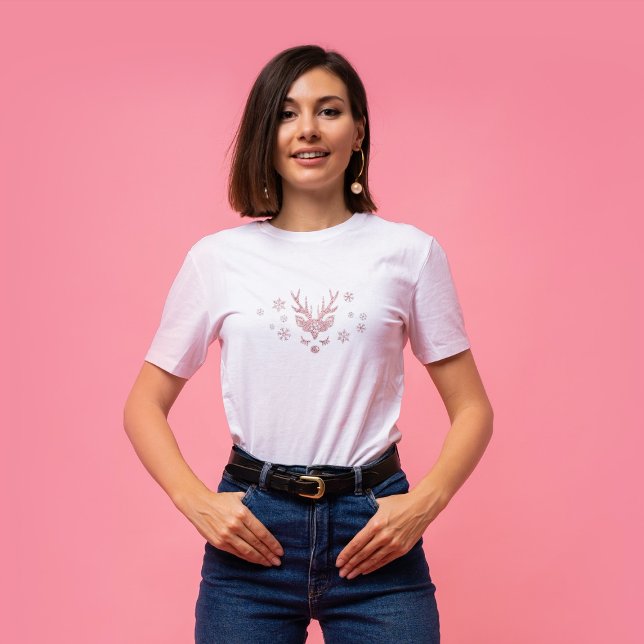 Chic Cute Pink Snowflakes and Reindeer Christmas T-Shirt (Creator Uploaded)