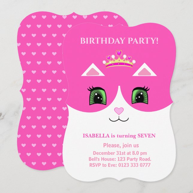 Chic Cute Pink White Tuxedo Cat Invitation (Front/Back)