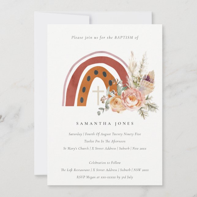 Chic Cute Rust Boho Floral Rainbow Baptism Invite (Front)
