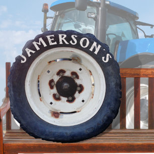 Chic Cute Rustic white & black name vintage tire Round Cushion