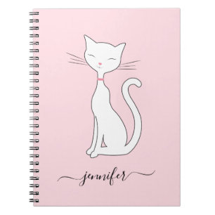 Chic Cute White Cat Personalised Name Light Pink Notebook