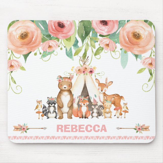 Chic Cute Woodland Animals Floral Boho Tribal Mouse Mat (Front)