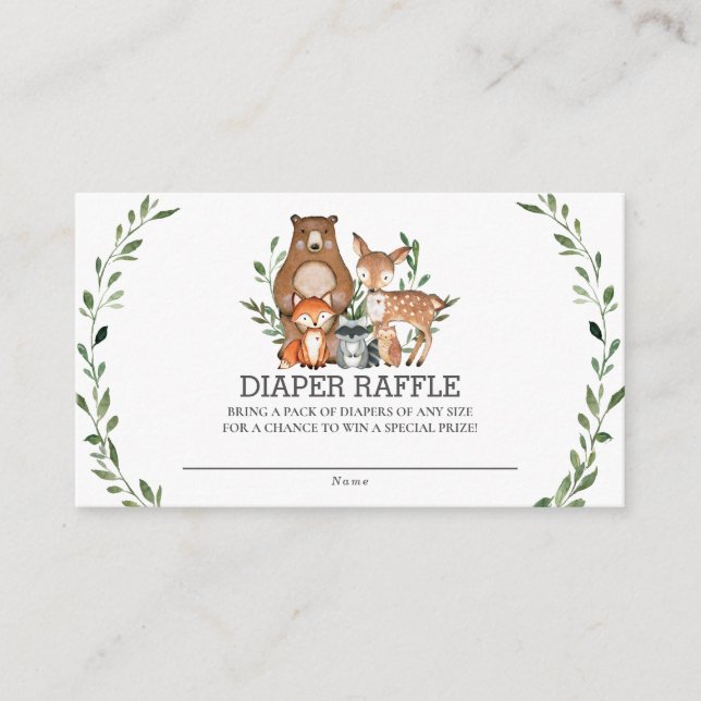 Chic Cute Woodland Animals Greenery Diaper Raffle Enclosure Card (Front)