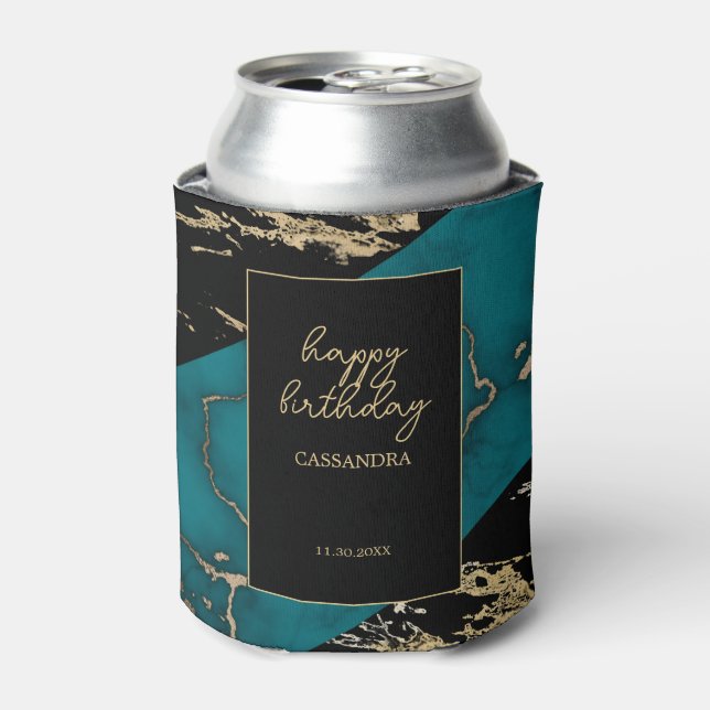 Chic Cyan Marble Gold Foil Paint Texture Birthday Can Cooler (Can Front)