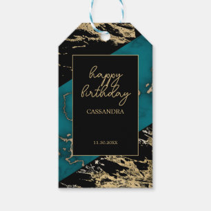 Chic Cyan Marble Gold Foil Paint Texture Birthday Gift Tags