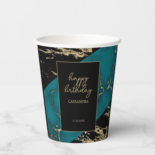 Chic Cyan Marble Gold Foil Paint Texture Birthday Paper Cups (Back)