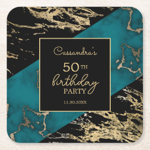 Chic Cyan Marble Gold Foil Paint Texture Birthday Square Paper Coaster