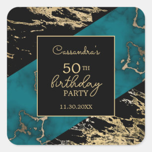 Chic Cyan Marble Gold Foil Paint Texture Birthday Square Sticker