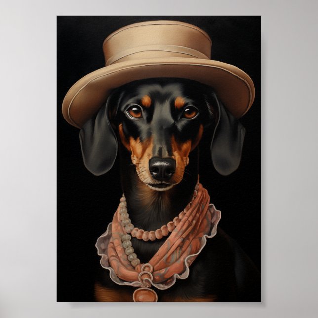 Chic Dachshund With Cream Hat Poster (Front)