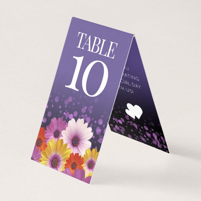 Chic Daisies Purple Glitter Wedding Table Cards (Front)