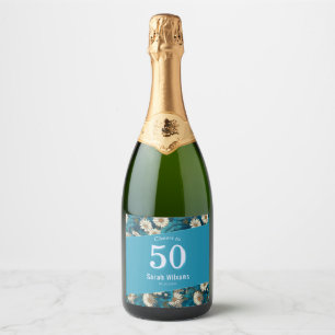 Chic Daisy 40Th Birthday For Sister Blue Sparkling Wine Label