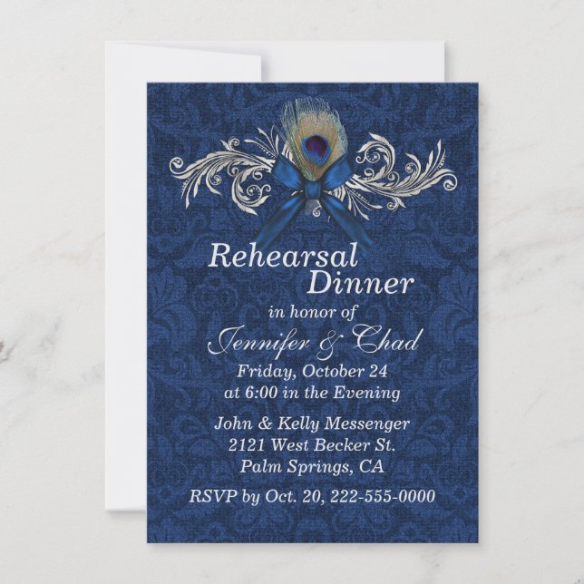 Chic Damask and Peacock Feather Wedding Rehearsal Invitation (Front)
