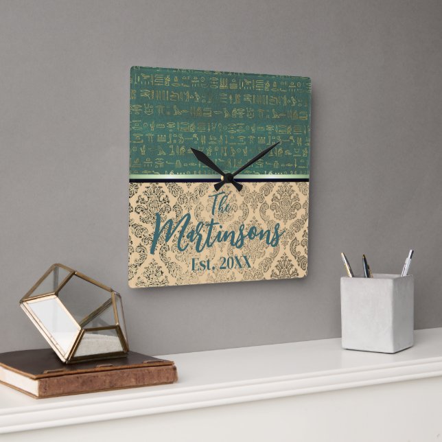 Chic Damask Egyptian Hieroglyphs Family Name Square Wall Clock (Office)