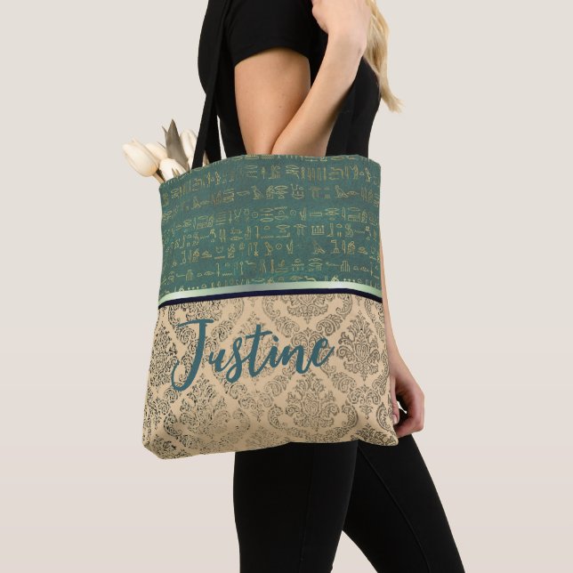 Chic Damask Egyptian Hieroglyphs Tote Bag (Close Up)