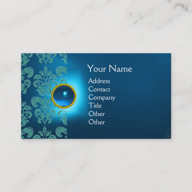 CHIC DAMASK GEM  MONOGRAM blue Business Card (Front)