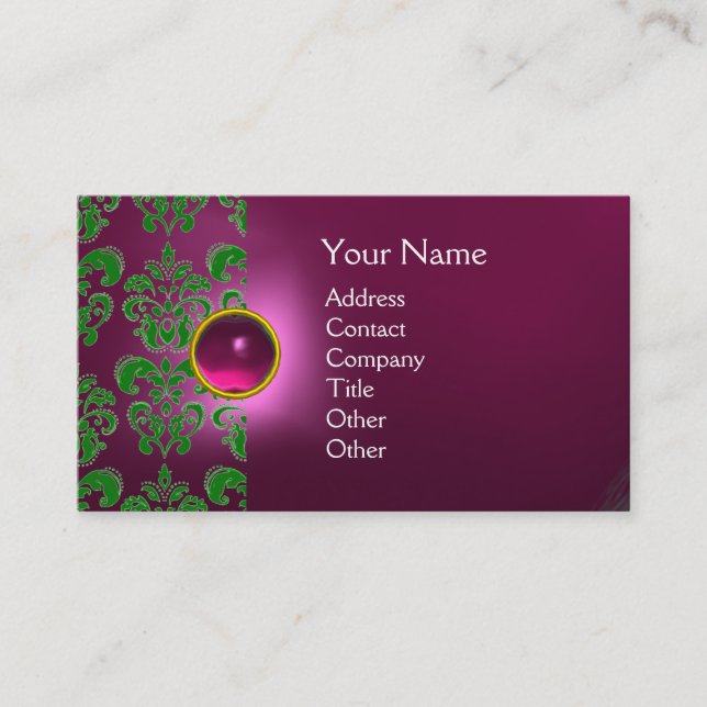 CHIC DAMASK GEM  MONOGRAM pink geen Business Card (Front)