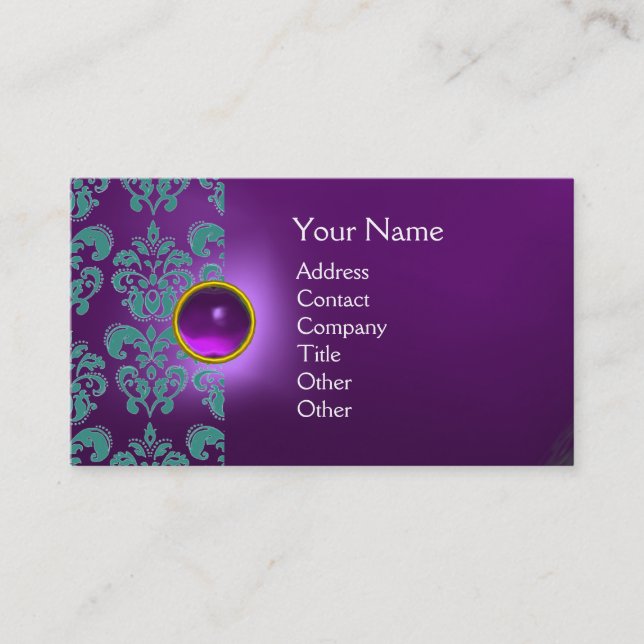 CHIC DAMASK GEM  MONOGRAM purple blue Business Card (Front)