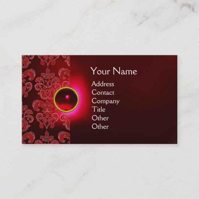 CHIC DAMASK GEM  MONOGRAM red burgundy green Business Card (Front)