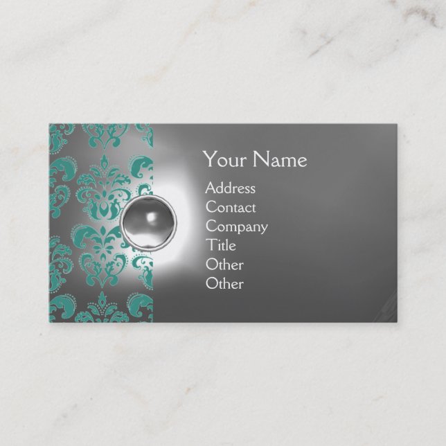 CHIC DAMASK GEM  MONOGRAM white blue Business Card (Front)