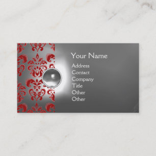 CHIC DAMASK GEM MONOGRAM white red Business Card