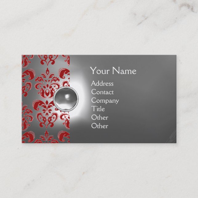 CHIC DAMASK GEM  MONOGRAM white red Business Card (Front)