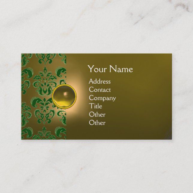 CHIC DAMASK GEM  MONOGRAM yellow green Business Card (Front)
