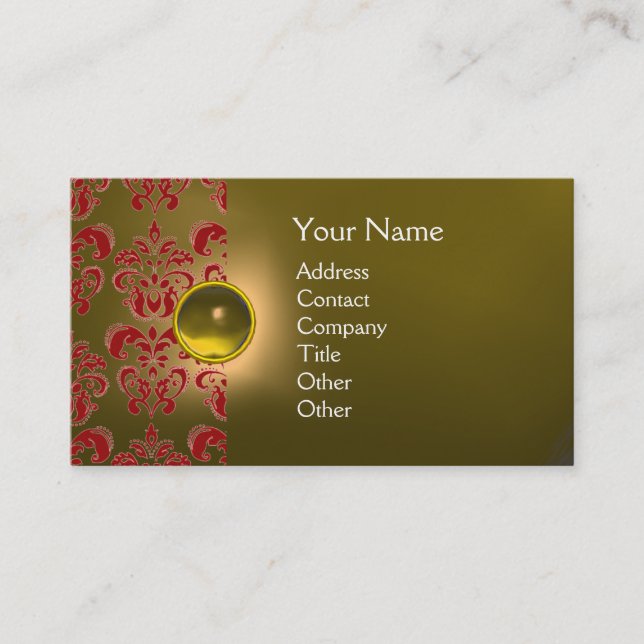 CHIC DAMASK GEM  MONOGRAM yellow red Business Card (Front)