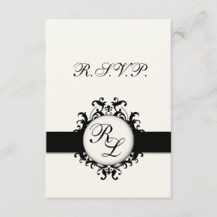 Chic Damask Monogram Wedding RSVP Card Cream Black