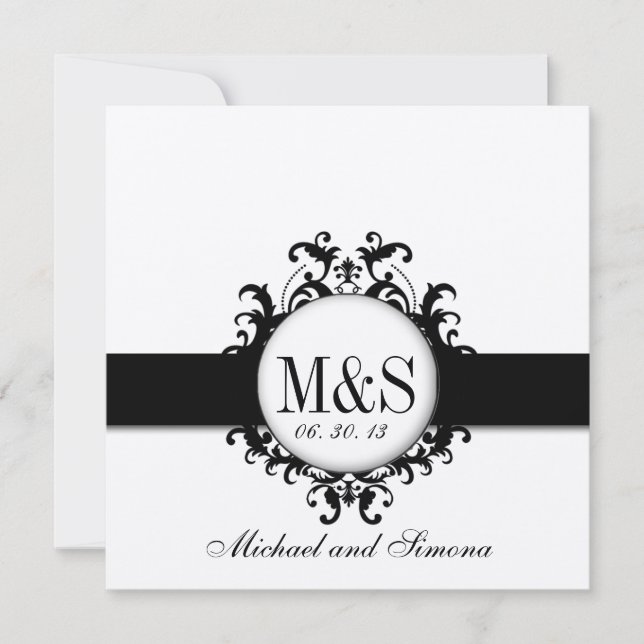 Chic Damask Monograms Wedding Black Cream Invitation (Front)