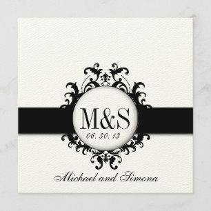 Chic Damask Monograms Wedding Black Cream Invitation