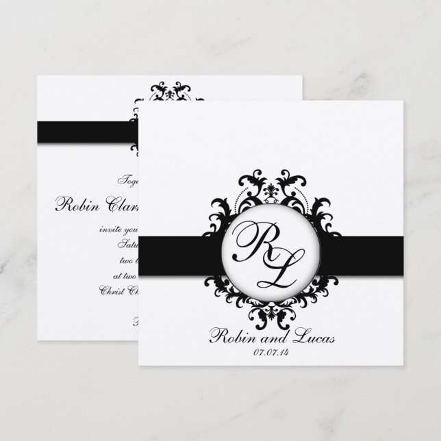 Chic Damask Monograms Wedding Silver Black White Invitation (Front/Back)