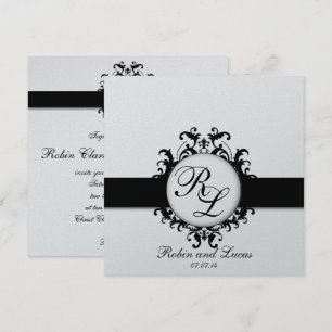 Chic Damask Monograms Wedding Silver Black White Invitation