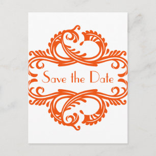 Chic Damask Save the Date Postcard, Orange Announcement Postcard