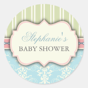 Chic Damask & Stripe Baby Shower Favour Sticker