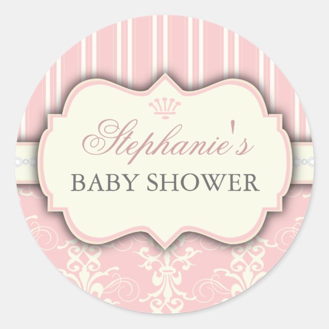 Chic Damask & Stripe Baby Shower Favour Sticker (Front)
