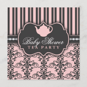 Chic Damask & Stripe Baby Shower Tea Invitation