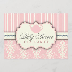 Chic Damask & Stripe Baby Shower Tea Invitation