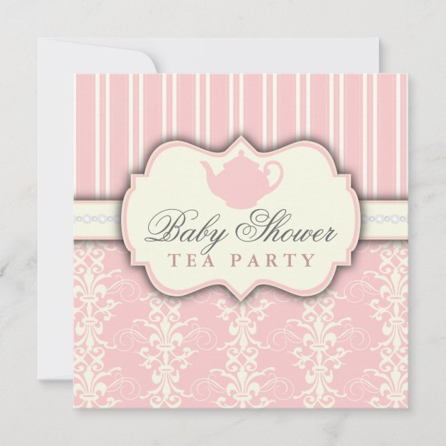 Chic Damask & Stripe Baby Shower Tea Invitation (Front)