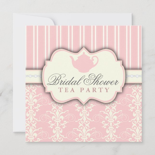 Chic Damask & Stripe Bridal Shower Tea Invitation (Front)