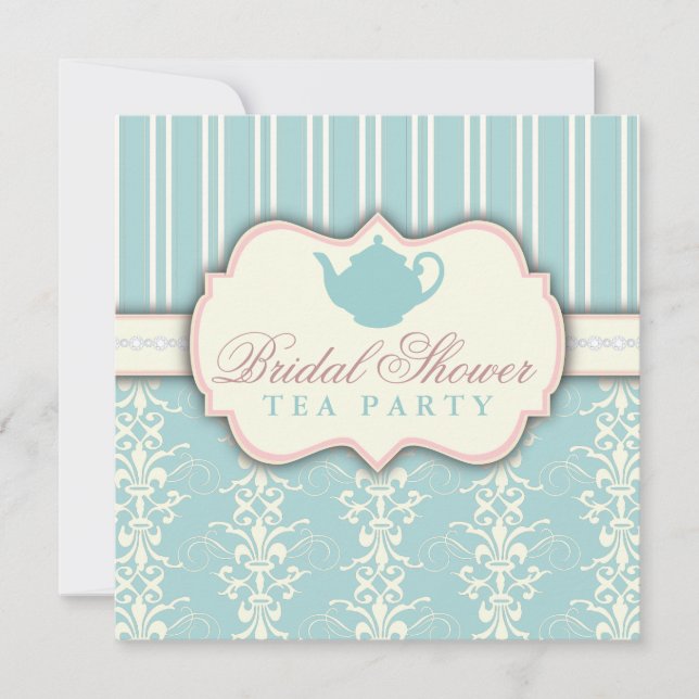 Chic Damask & Stripe Bridal Shower Tea Invitation (Front)