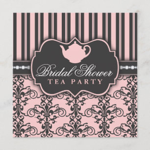 Chic Damask & Stripe Bridal Shower Tea Invitation