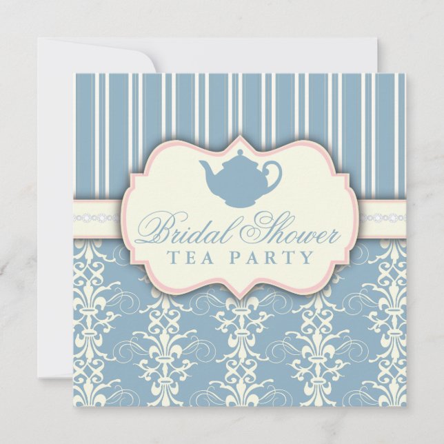 Chic Damask & Stripe Bridal Shower Tea Invitation (Front)