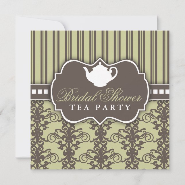 Chic Damask & Stripe Bridal Shower Tea Invitation (Front)