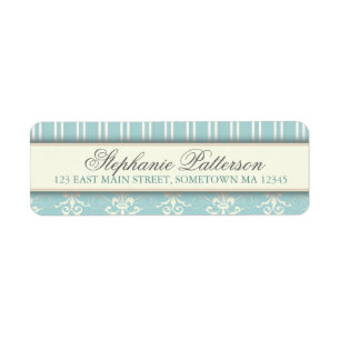 Chic Damask & Stripe Return Address Label   Teal