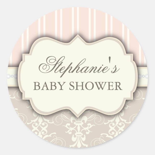 Chic Damask Vintage Baby Shower Favour Sticker (Front)