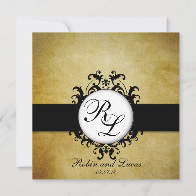 Chic Damask Vintage Monogram Wedding Invitation (Front)
