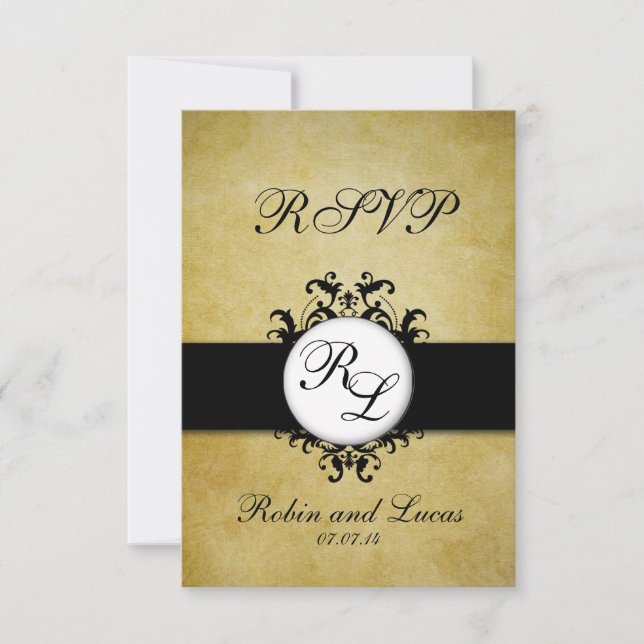 Chic Damask Vintage Monogram Wedding RSCP Card (Front)