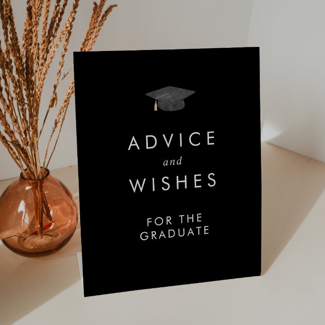 Chic Dark Black Cap Advice and Wishes Graduation Pedestal Sign (Creator Uploaded)