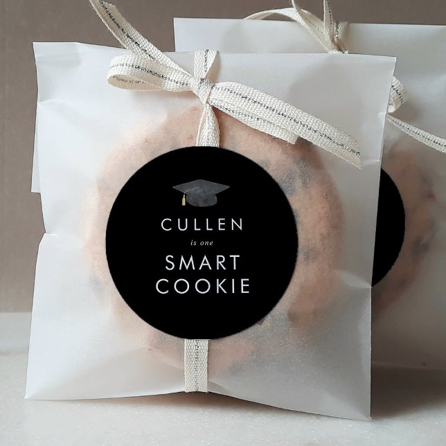 Chic Dark Black Cap Smart Cookie Graduation Favour Classic Round Sticker (Creator Uploaded)