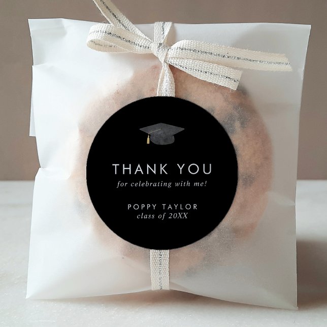 Chic Dark Black Cap Thank You Graduation Favour Classic Round Sticker (Creator Uploaded)